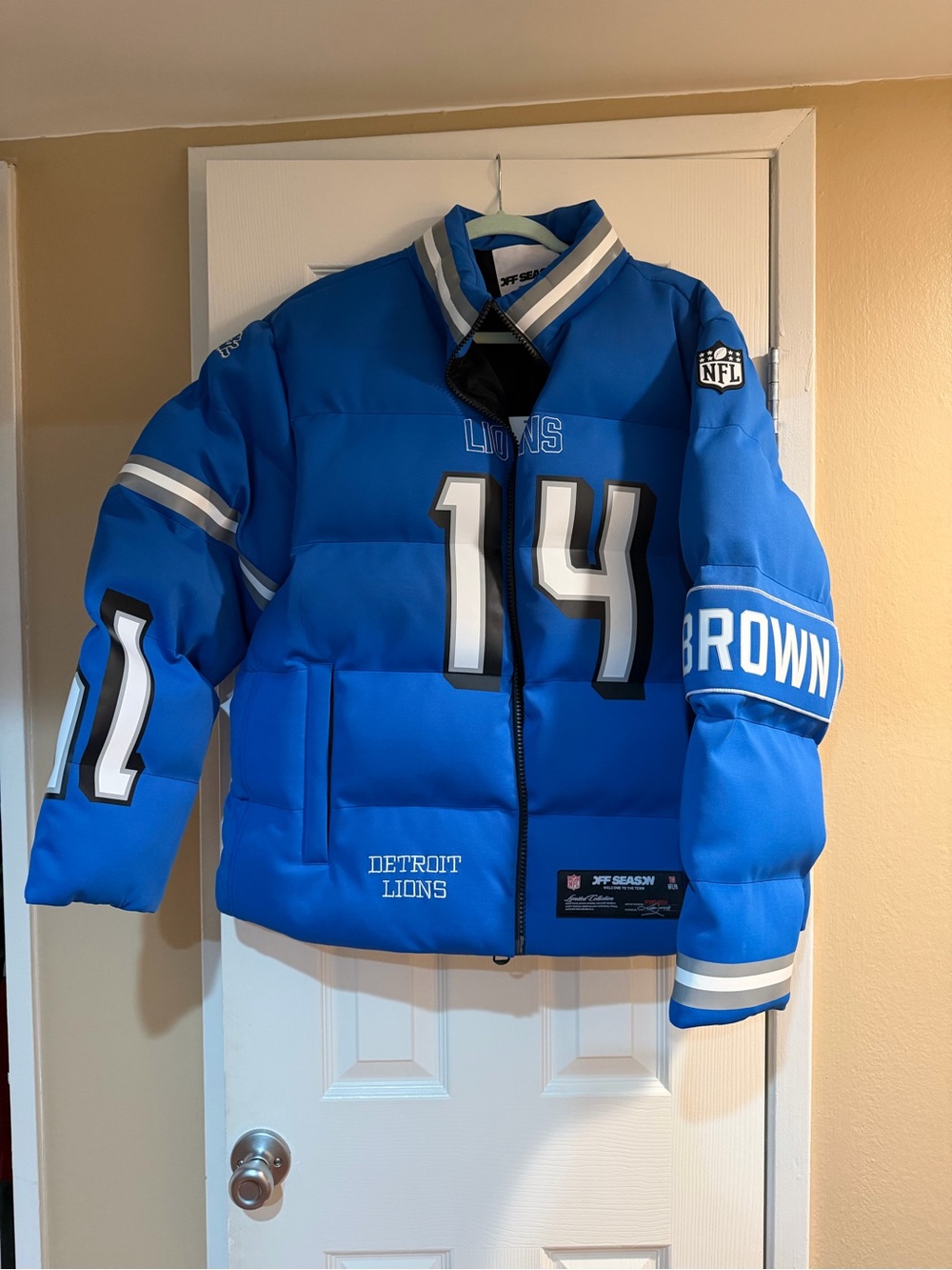 Brand New Off Season Detroit Lions Blue Number 14 Puffer Jacket